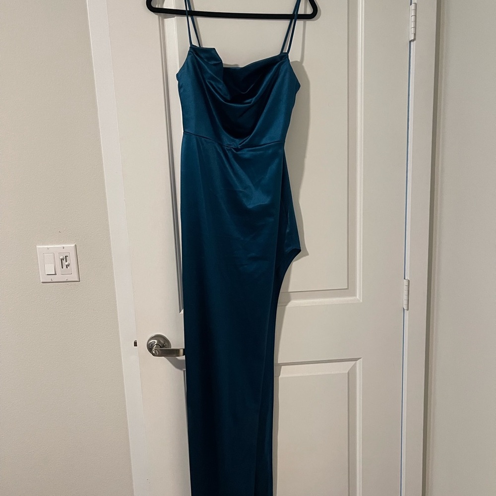 Windsor Blue Ruched Asymmetrical Gown for Wedding Guest